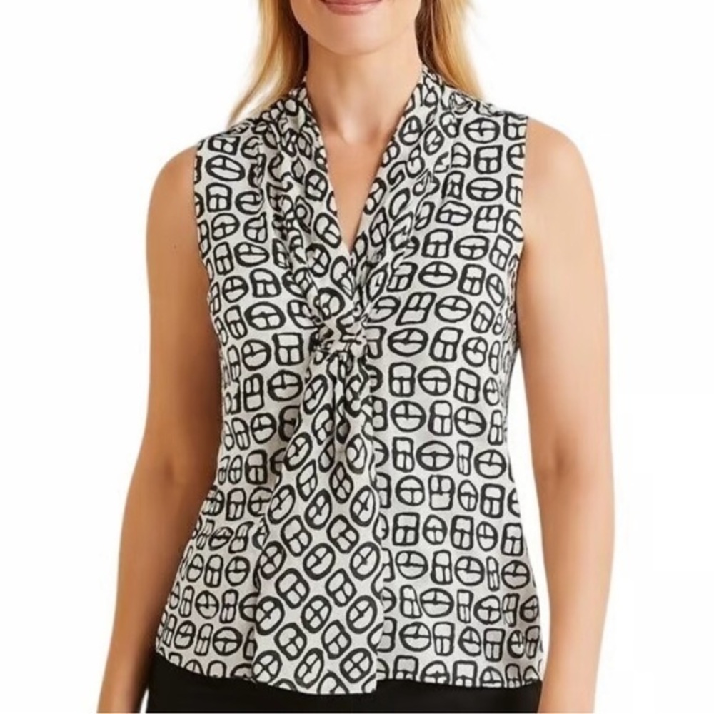 Talbots Silk Black and White Sleeveless Geometric Tie-Neck Blouse Size 14